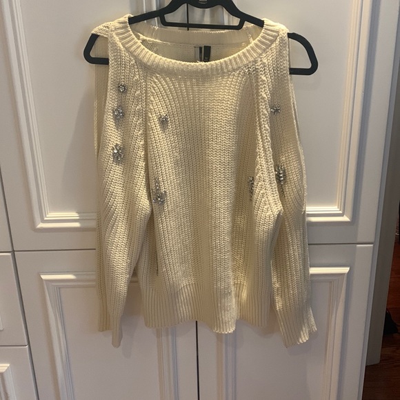 Topshop Cream Ribbed Embellished Cold Shoulder Crew Neck Sweater - Picture 1 of 6